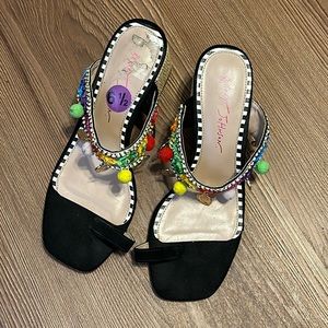 Betsey Johnson Raffia Rainbow Pom Heels